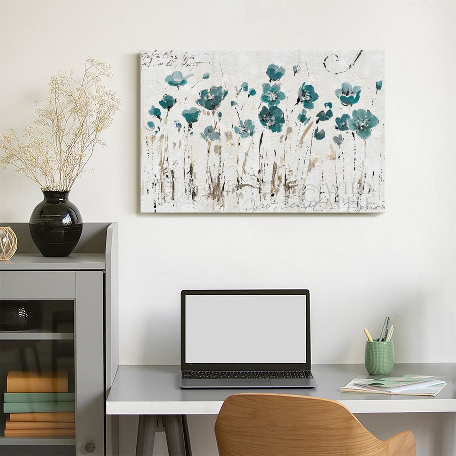 Abstract teal floral canvas print for home decor, on white wall art, suitable for bedroom or living room.