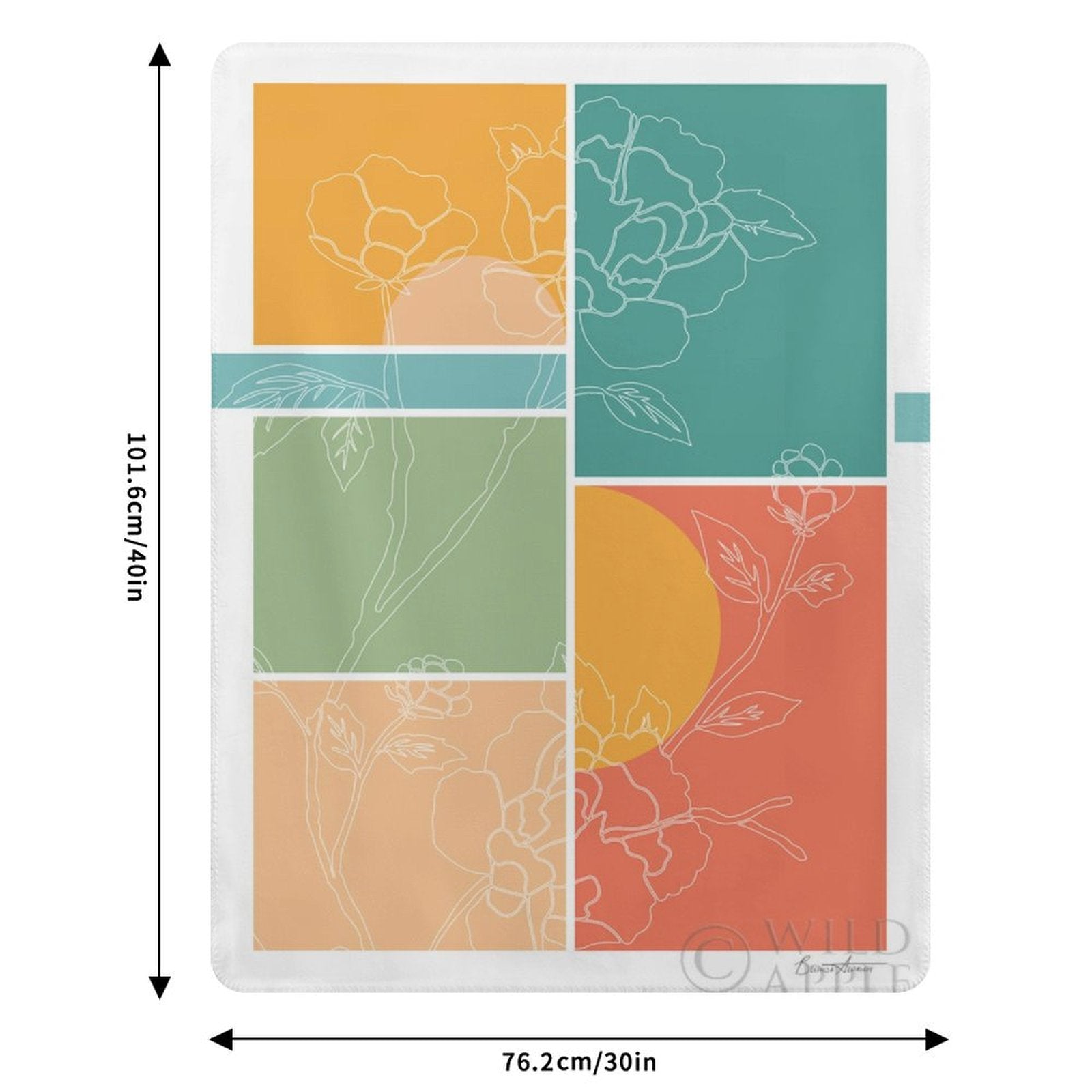 Lamb wool fleece blanket with floral design, orange, green, peach colors. Perfect for bed, travel, or sofa. 76.2cm x 101.6cm