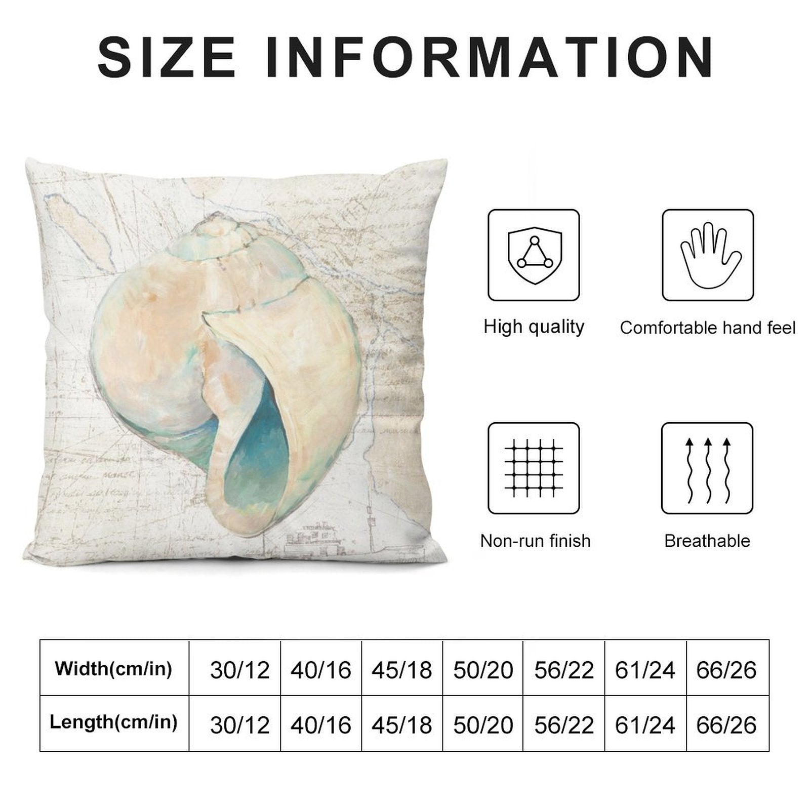 Seashell pillow cover, soft plush, decorative pillow for sofa, with size options and comfort features.