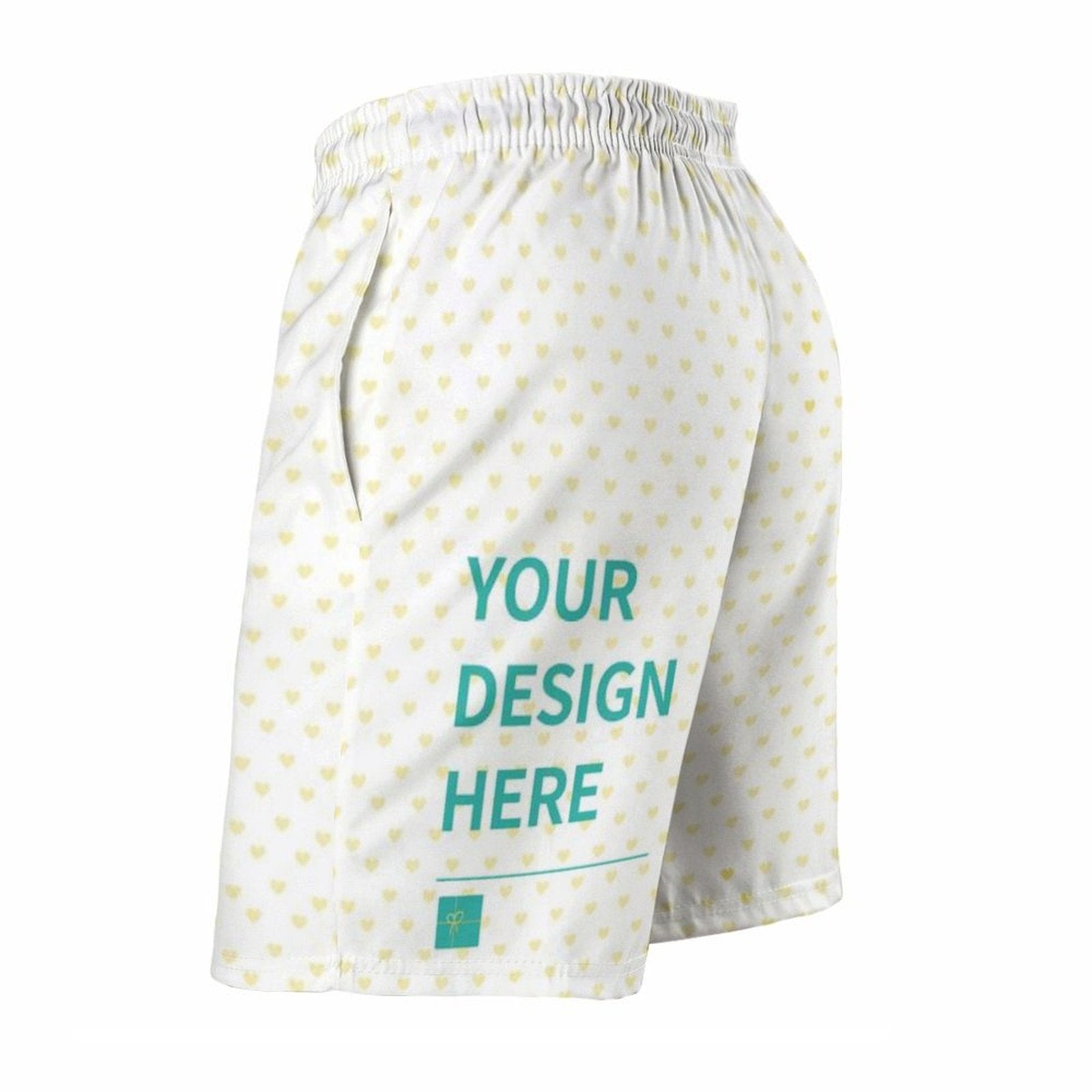 Custom men's swim trunks with heart pattern and 'YOUR DESIGN HERE' design; quick dry beach shorts with pockets