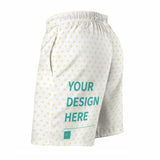 Custom men's swim trunks with heart pattern and 'YOUR DESIGN HERE' design; quick dry beach shorts with pockets