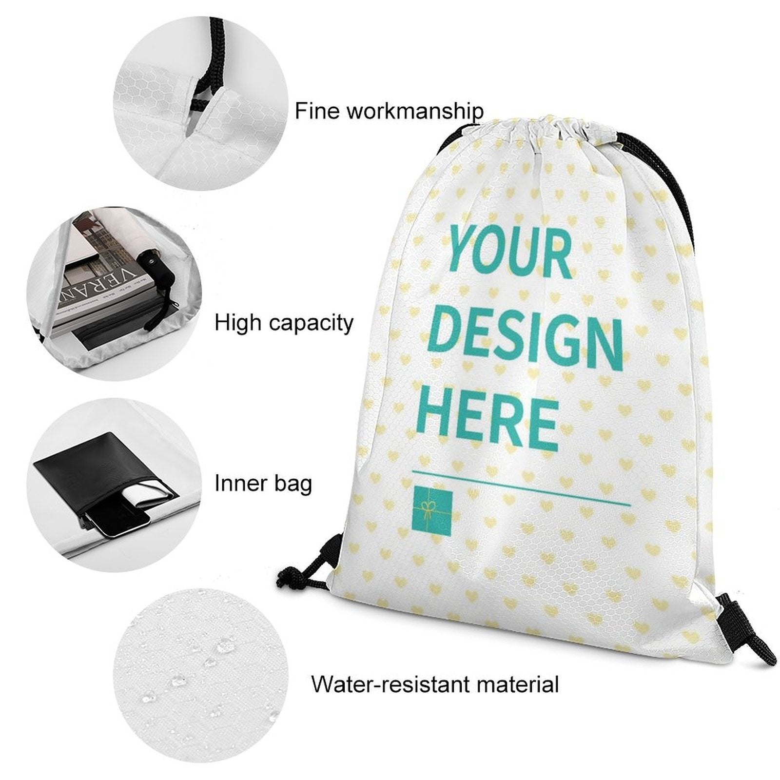 Customizable white drawstring backpack with your design, honeycomb fabric for gym, beach, travel, or sport.