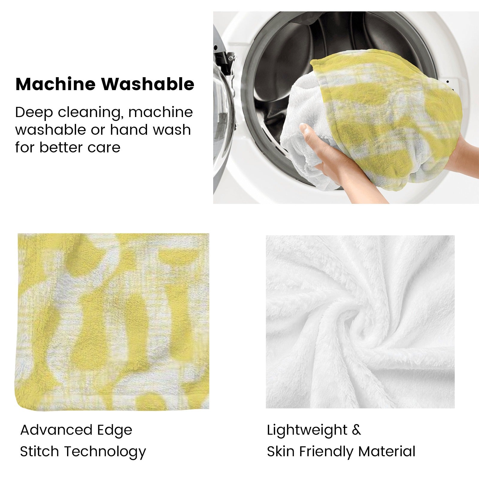 Yellow flannel blanket, machine washable, with advanced stitch technology and skin-friendly material.