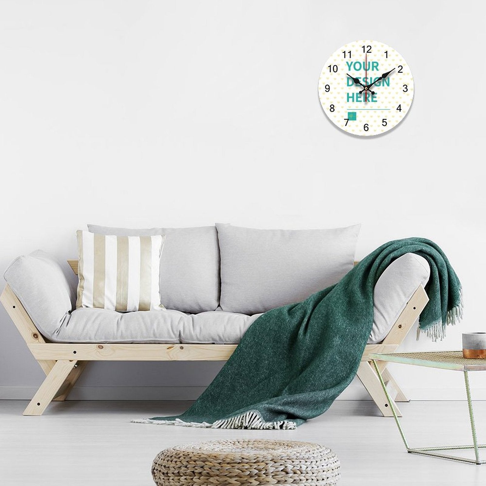 Customizable round wooden wall clock with 'YOUR DESIGN HERE' text, perfect for home decor and kitchen housewarming gifts.
