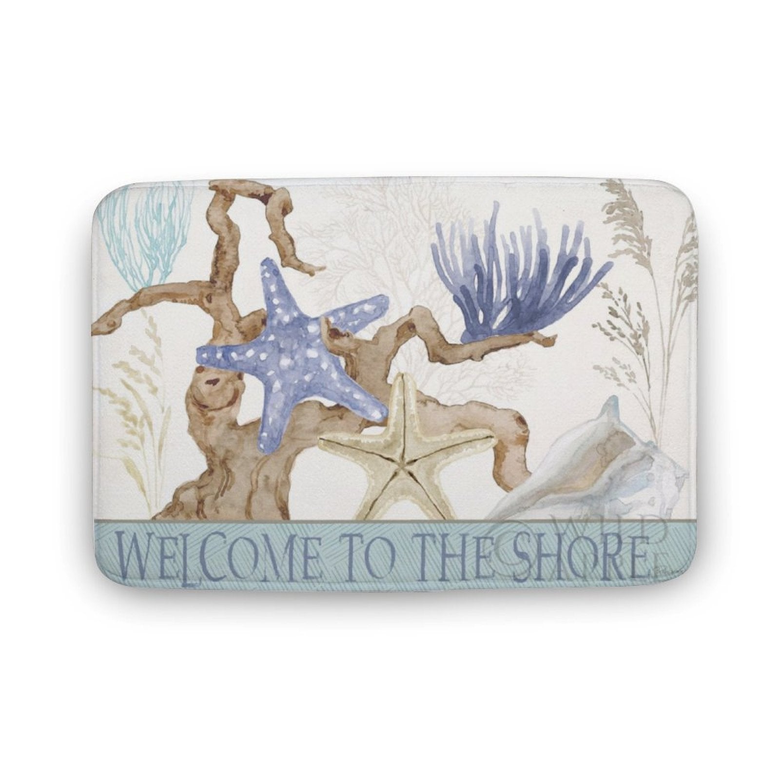 Coral velvet bath rug with 'Welcome to the Shore' design; starfish, coral, and seashells for bathroom decor
