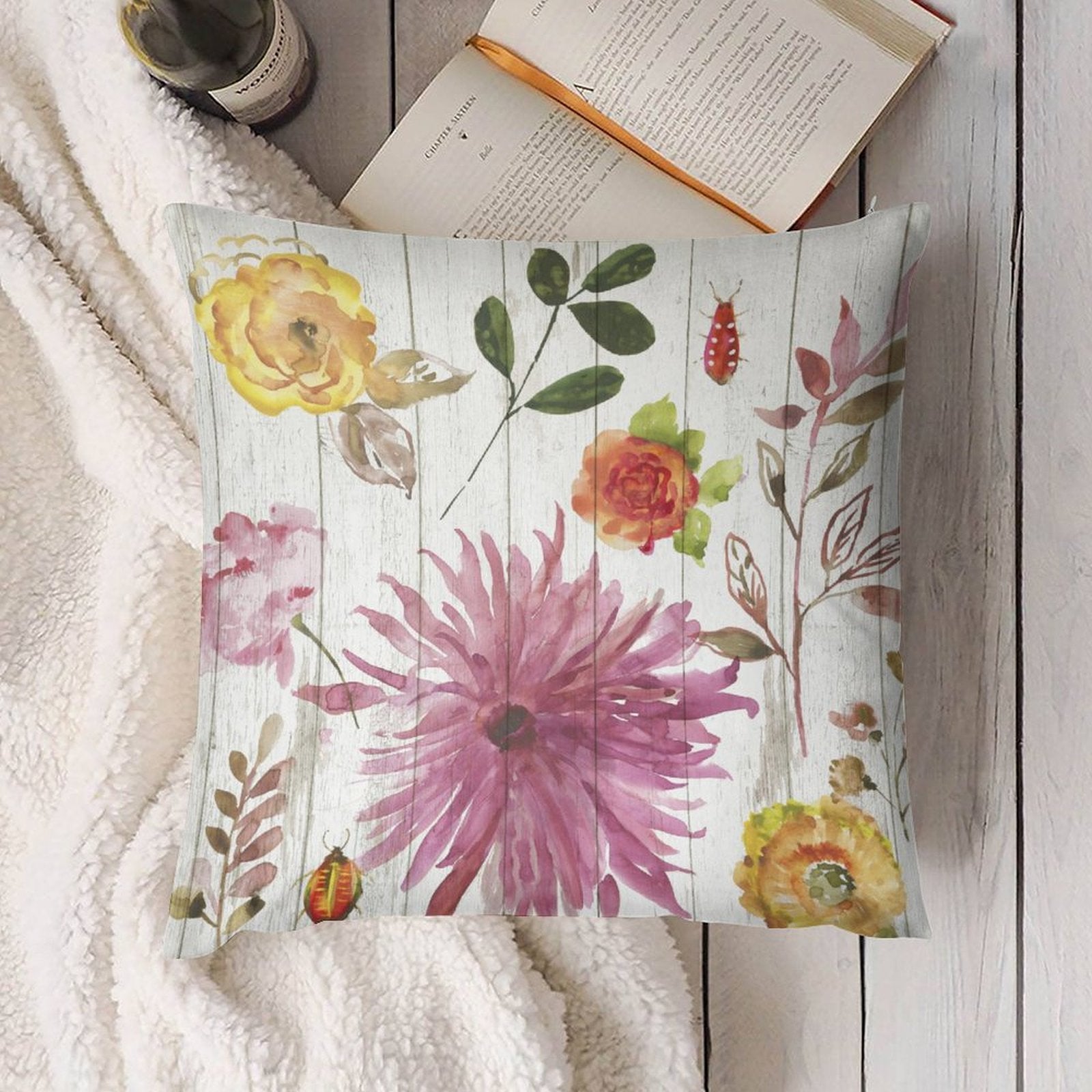 Watercolor floral pillow cover with pink and yellow flowers, perfect for living room or sofa decor