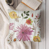 Watercolor floral pillow cover with pink and yellow flowers, perfect for living room or sofa decor