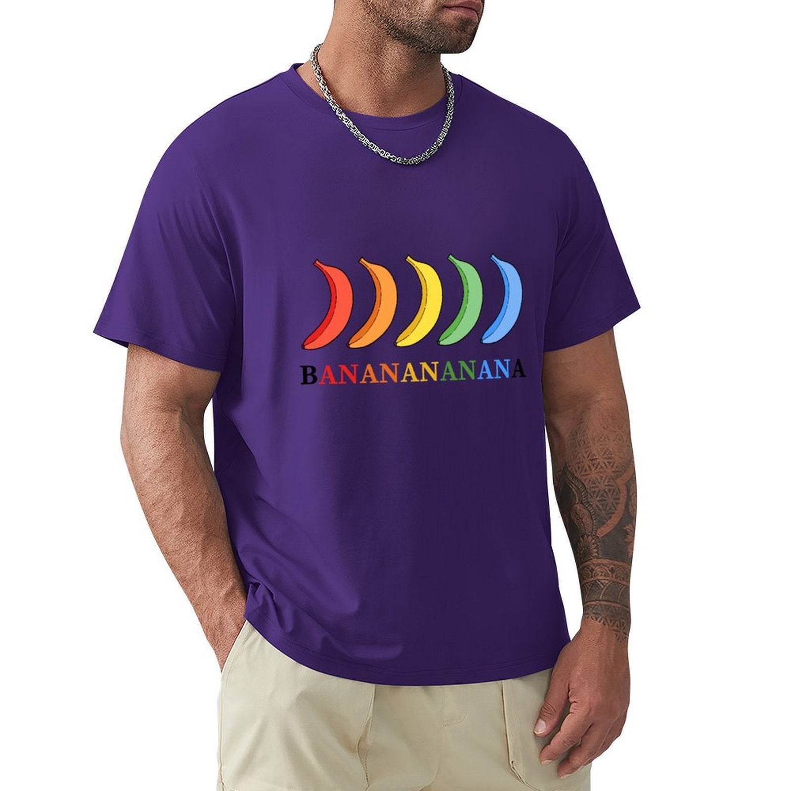 Purple Men's crew neck t-shirt with rainbow banana graphic. MyArtsyGift cotton tee, sizes S-6XL.