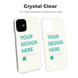 Custom iPhone 12 case with "YOUR DESIGN HERE" and heart pattern. Transparent TPU material.