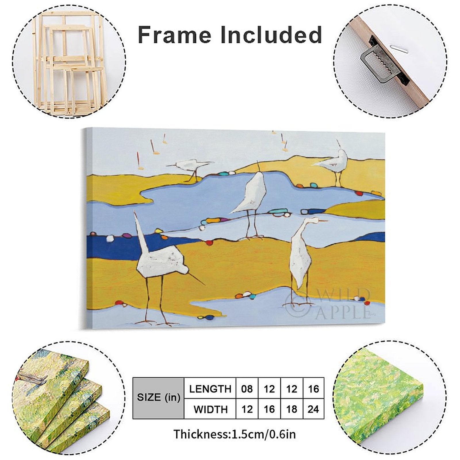 Canvas wall art with abstract birds on a yellow and blue landscape, ready to hang, frame included. Great for family room.