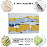 Canvas wall art with abstract birds on a yellow and blue landscape, ready to hang, frame included. Great for family room.