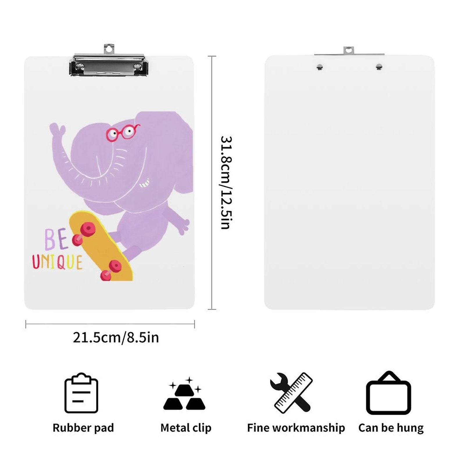 Acrylic clipboard with unique elephant design; letter-size clipboard for students and office supplies