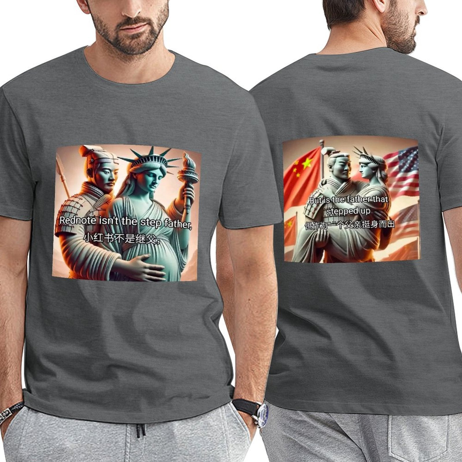 Unisex grey cotton t-shirt featuring Rednote meme with Statue of Liberty and Chinese soldier design
