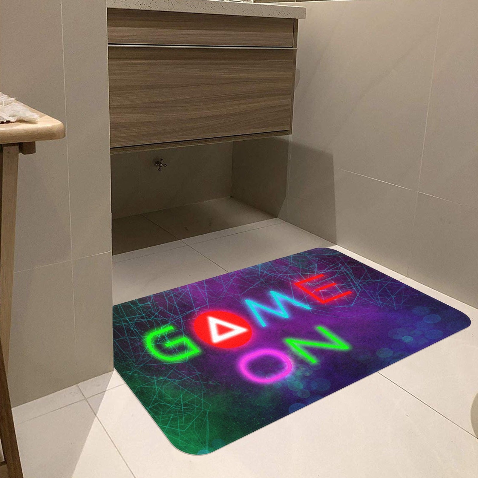 Game On doormat, rubber floor mat with neon game design, ideal for entryway or home decor
