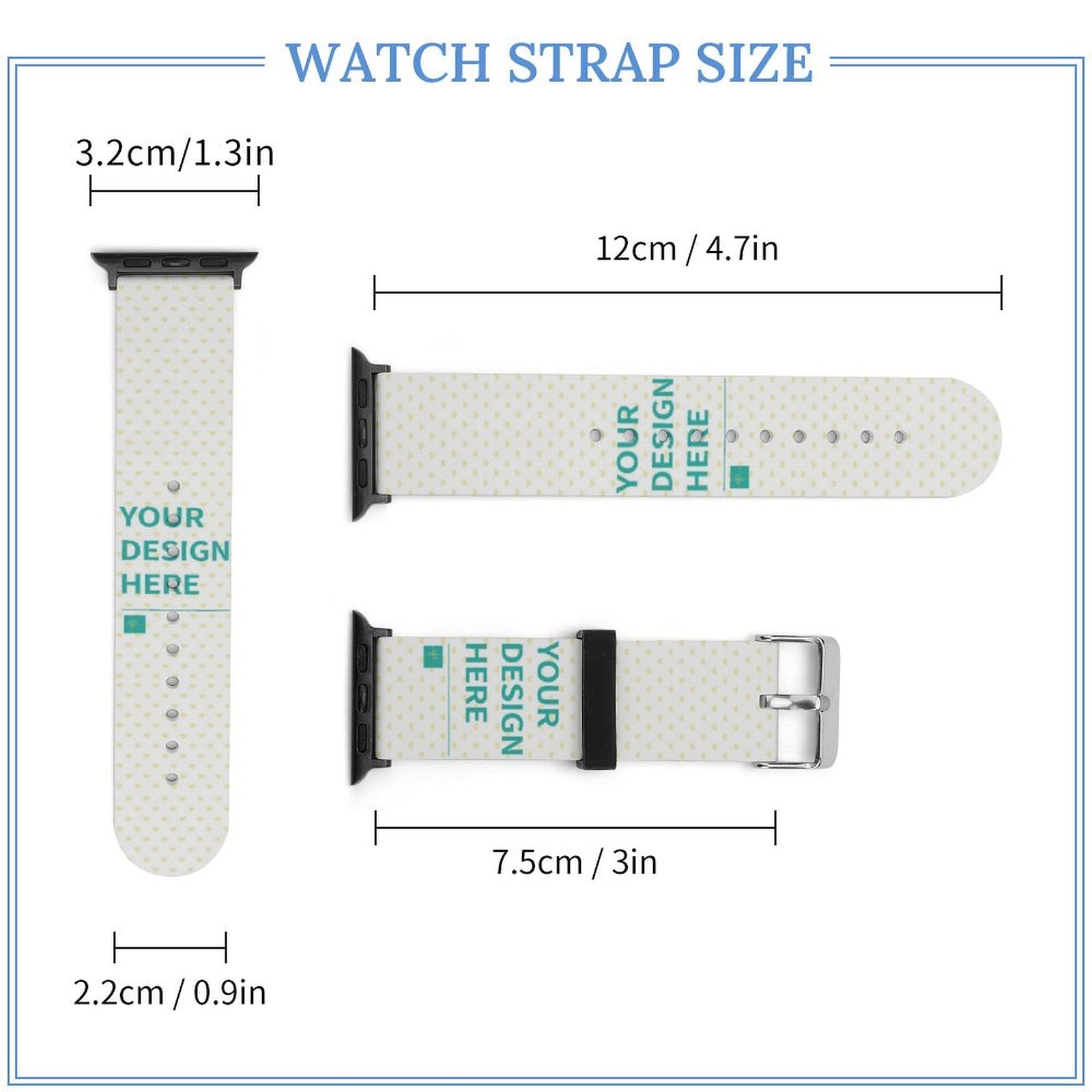 Personalized Apple Watch band. Silicone strap with "YOUR DESIGN HERE" text, heart pattern. IWatch band for custom designs.