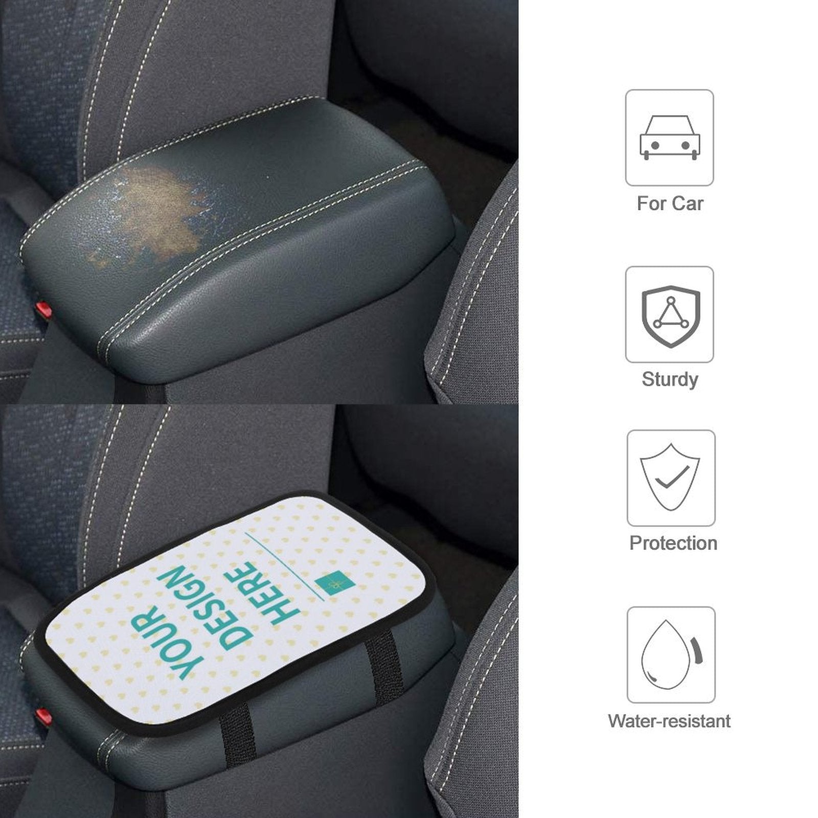 Custom car armrest cushion with personalized design; neoprene, protects car armrest; available on MyArtsyGift.com