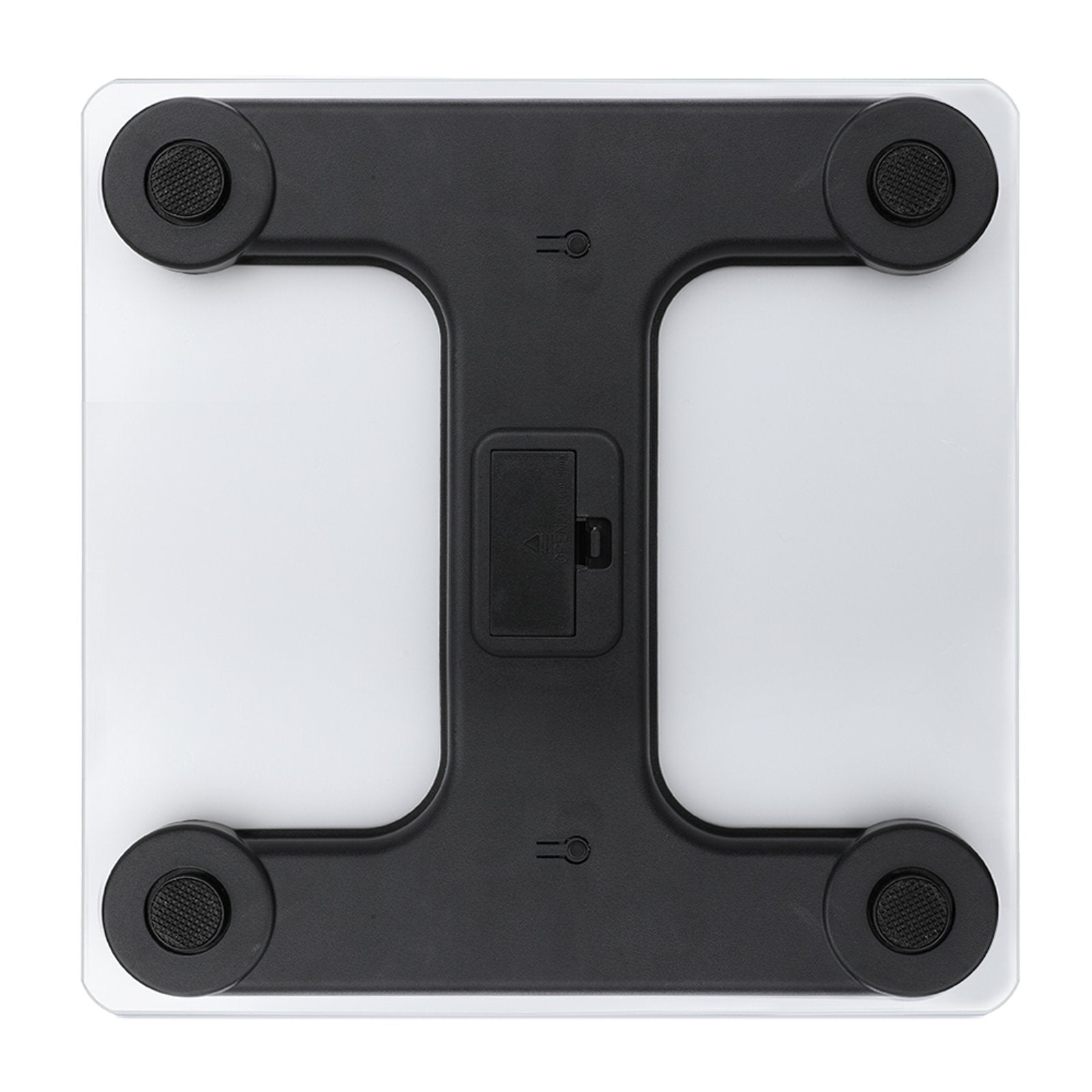 Tempered glass digital bathroom scale underside view with black frame, battery compartment, and non-slip feet.