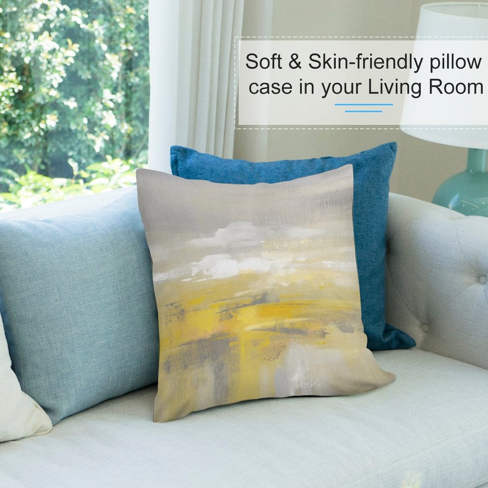 Soft plush pillow cover with abstract landscape art in living room, yellow and gray design