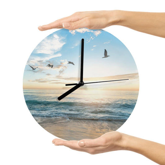 Modern Blue Beach MDF Wall Clock with Sea and Seagulls, Living Room Decor