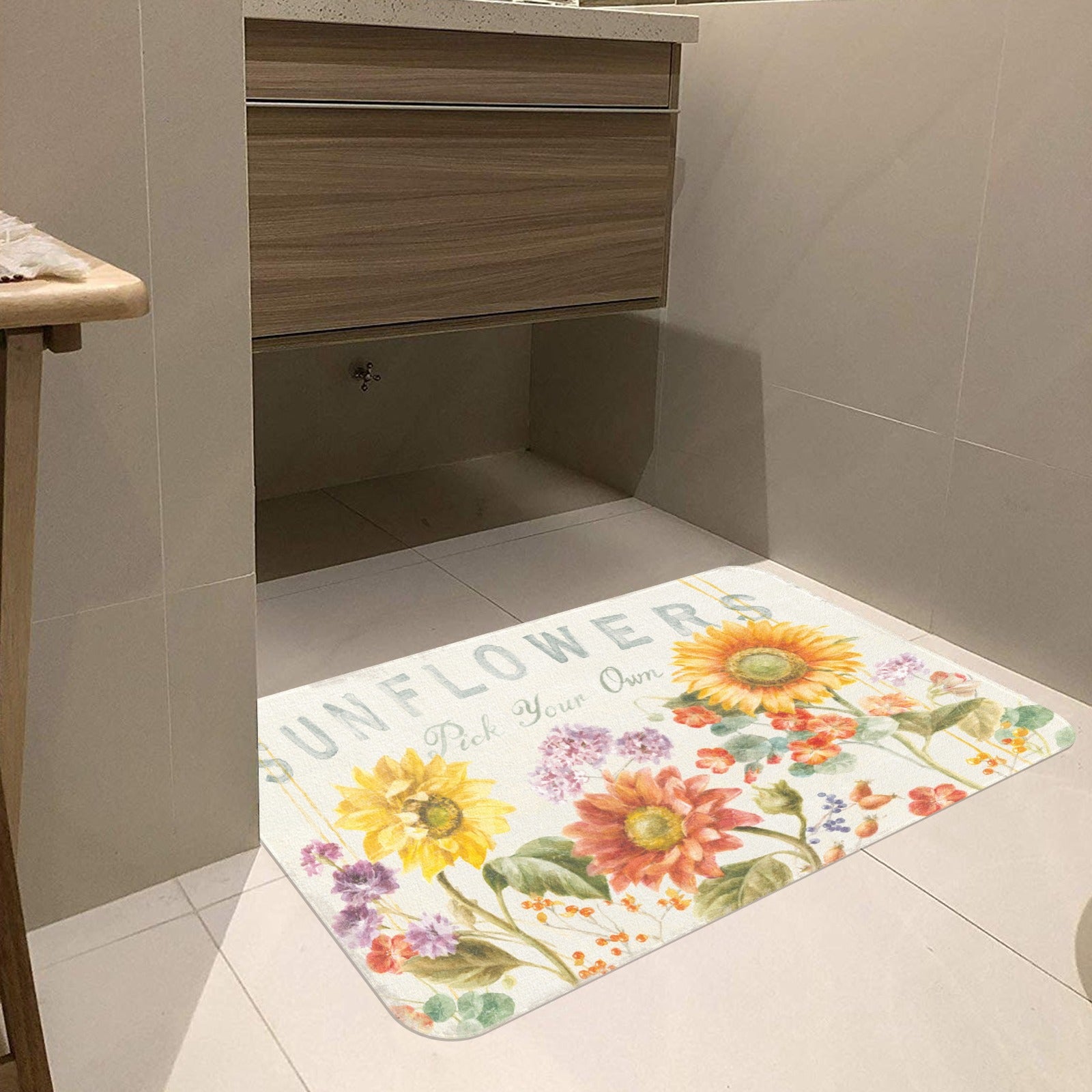 Sunflower door mat, floral design with 'SUNFLOWERS Pick Your Own' text, for indoor/outdoor use