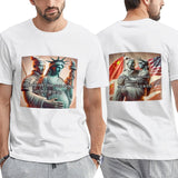 Unisex white cotton Rednote meme t-shirt: Statue of Liberty and Chinese soldier design, ideal for men and women.