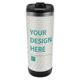 Personalized stainless steel travel mug with 'YOUR DESIGN HERE' text, perfect for custom gifts, and coffee travel