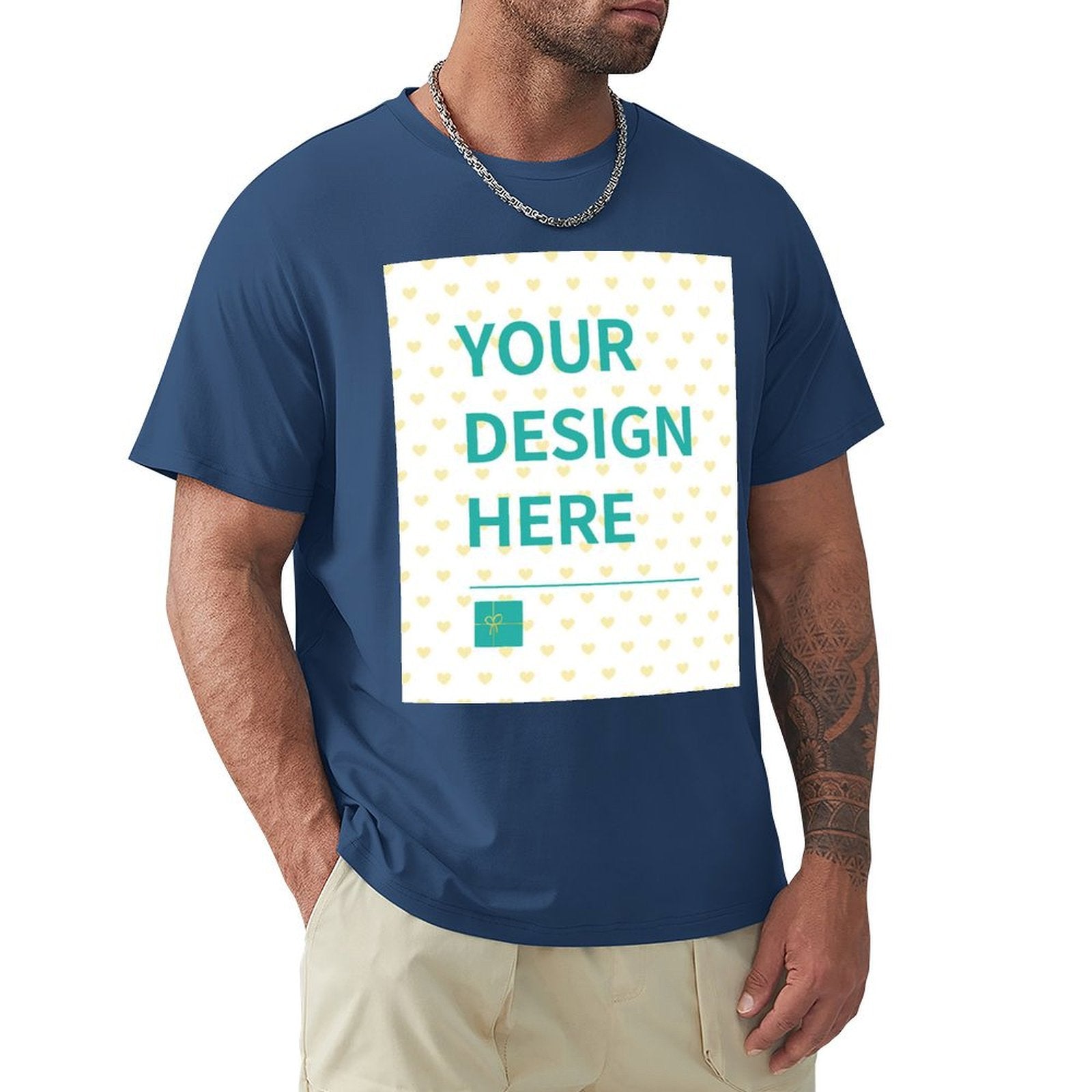 Men's navy blue short sleeve t-shirt with 'YOUR DESIGN HERE' custom design area, MyArtsyGift