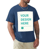 Men's navy blue short sleeve t-shirt with 'YOUR DESIGN HERE' custom design area, MyArtsyGift
