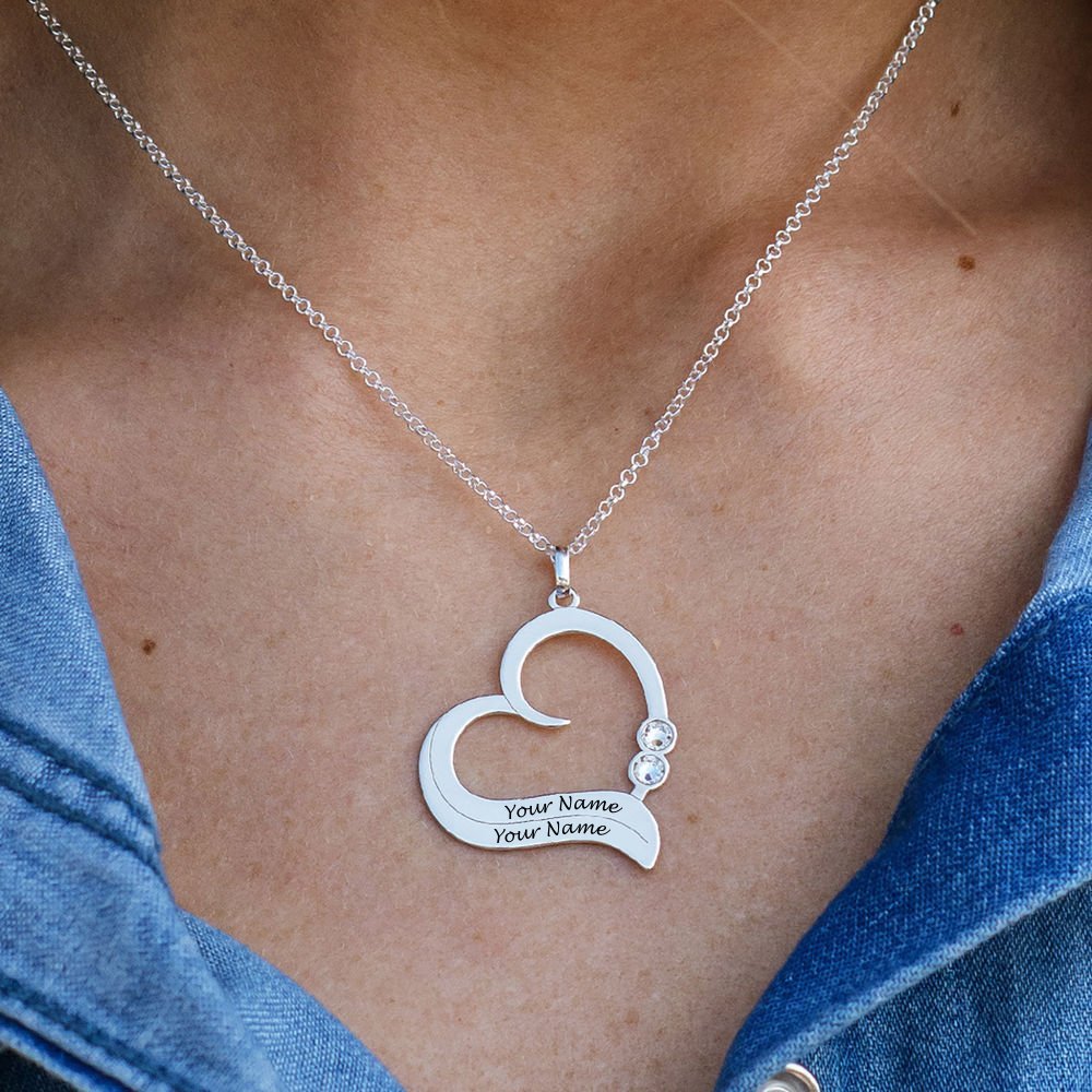 Silver heart name necklace, engraved with two names. Custom pendant jewelry gift for women.