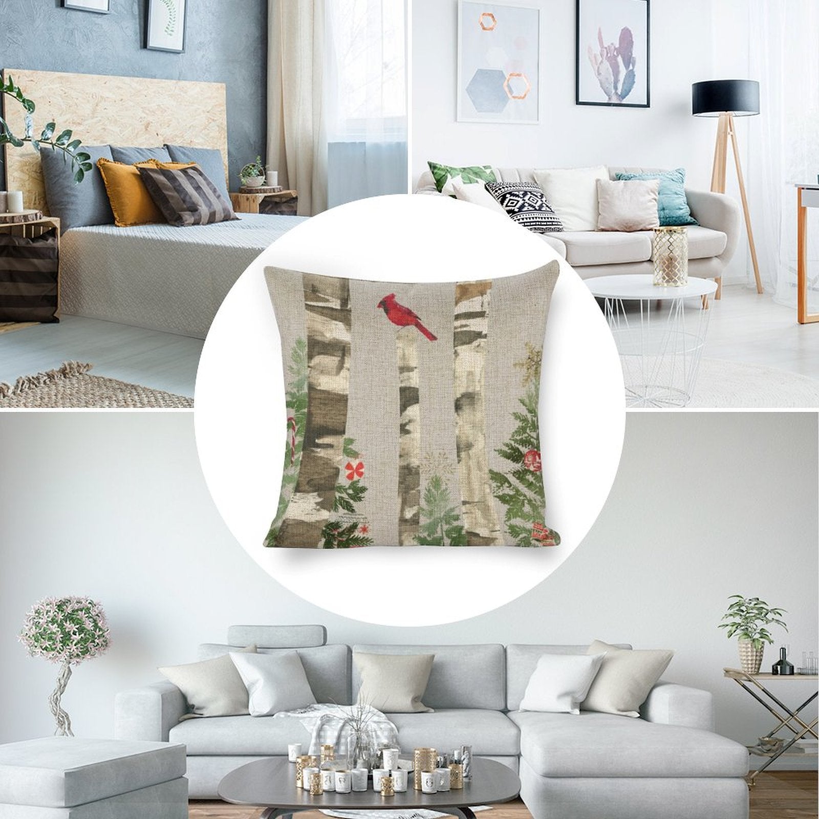 Linen Christmas Pillow Cover with Birch Tree and Cardinal Design for Sofa or Bed
