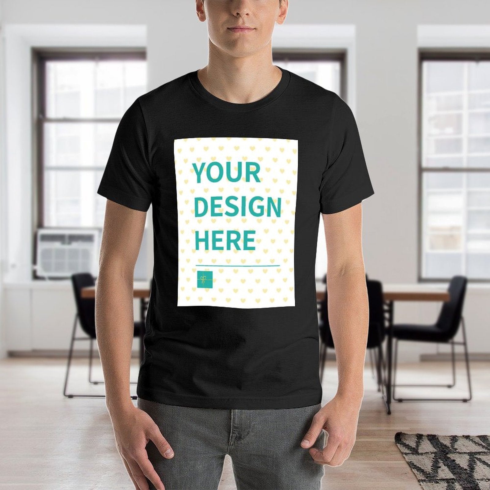 Customizable black cotton t-shirt for men with 'YOUR DESIGN HERE' print, MyArtsyGift
