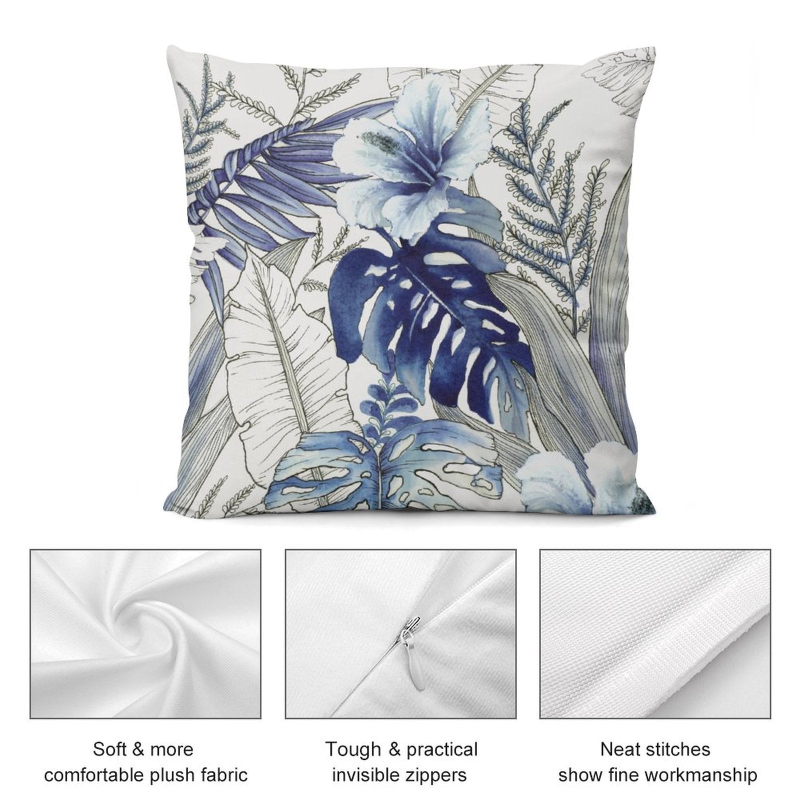 Blue floral plush pillow cover with soft, comfortable fabric, invisible zipper, and neat stitches, for sofa and couch.