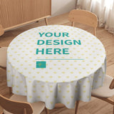 Custom round tablecloth with 'YOUR DESIGN HERE'. Polyester with heart pattern. Ideal for dining or banquet parties.
