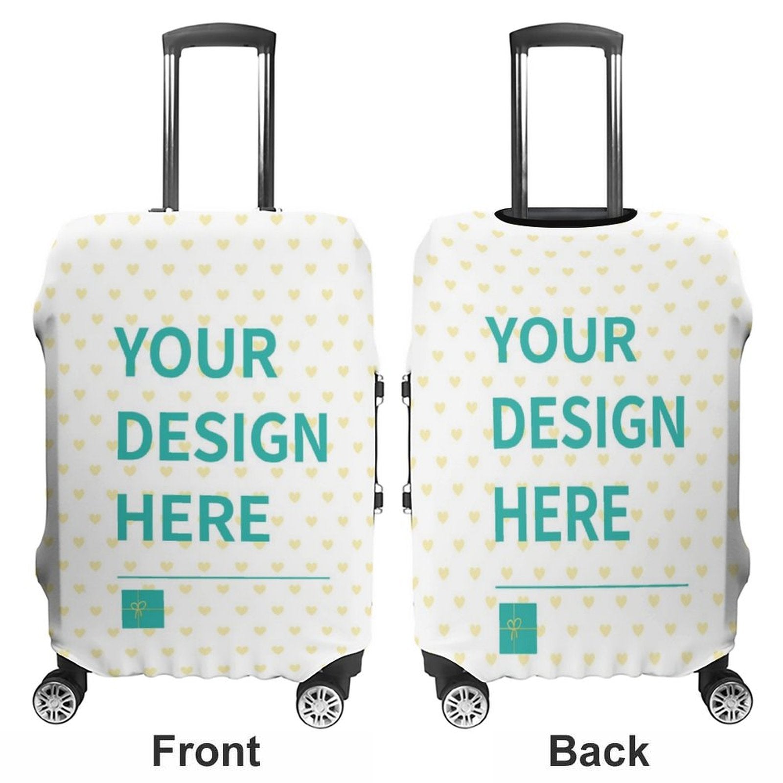 Customizable luggage cover with 'YOUR DESIGN HERE' text, white with hearts, protecting luggage, MyArtsyGift
