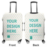 Customizable luggage cover with 'YOUR DESIGN HERE' text, white with hearts, protecting luggage, MyArtsyGift