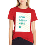 Custom women's red summer t-shirt with 'YOUR DESIGN HERE' design, round neck, short sleeve, MyArtsyGift