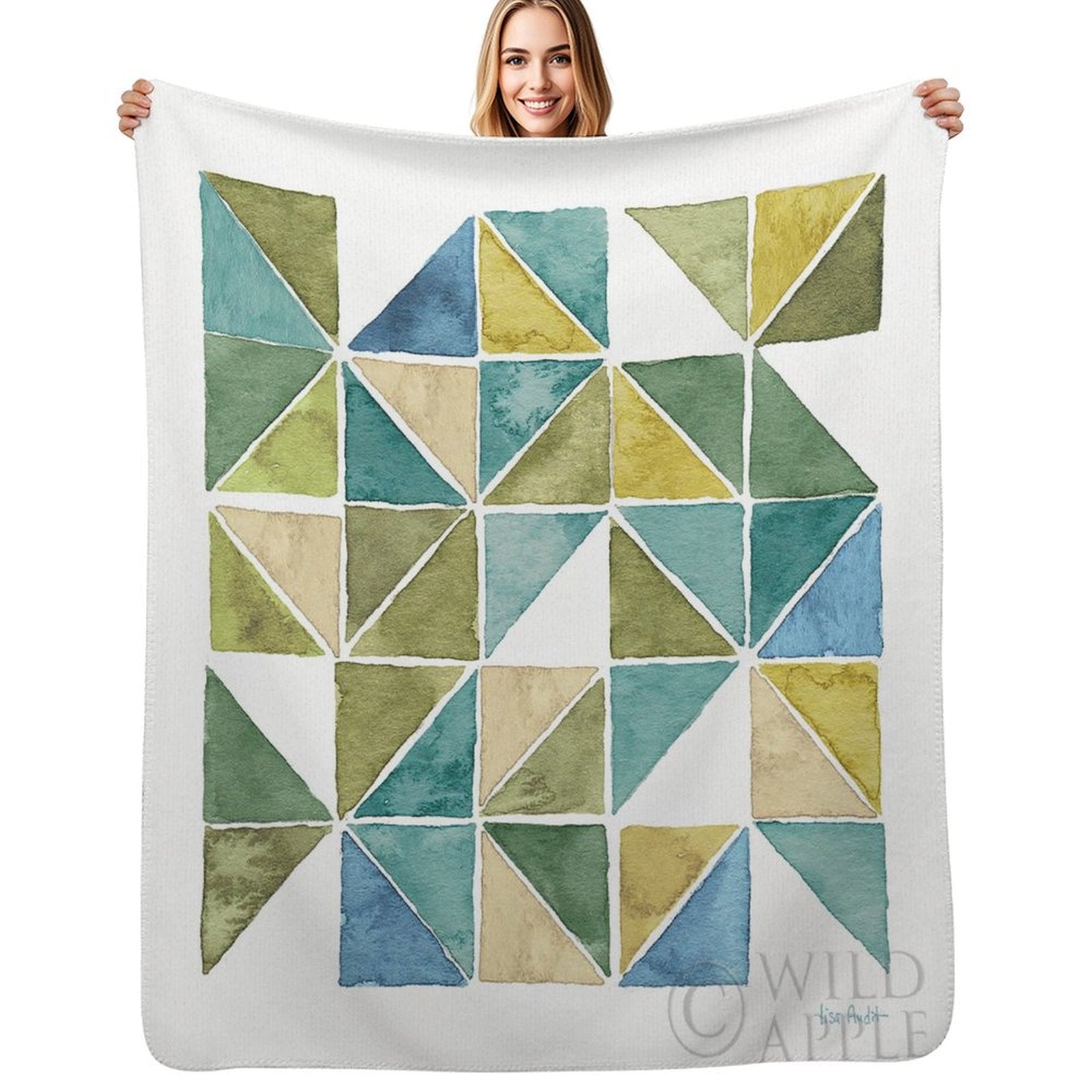 MyArtsyGift Geo Fleece Blanket: green, blue & beige geometric design, soft lamb wool, bed or couch, featuring "WILD APPLE".