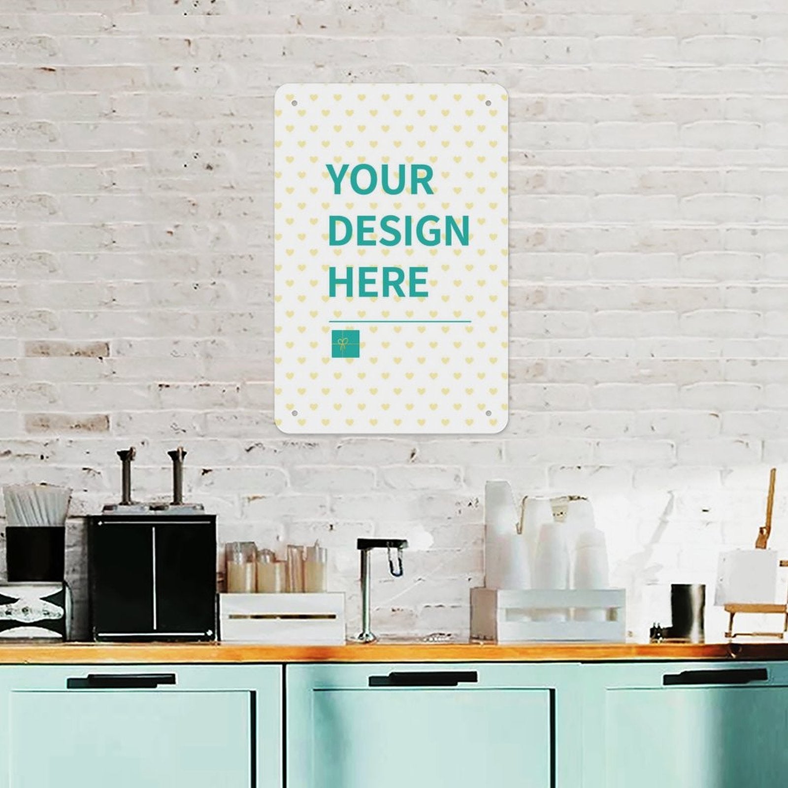 Custom metal tin sign with YOUR DESIGN HERE text, personalized iron painting, perfect for cafe or home decor.