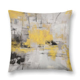 Abstract throw pillow cover with yellow, gray and black brushstrokes, soft plush material.