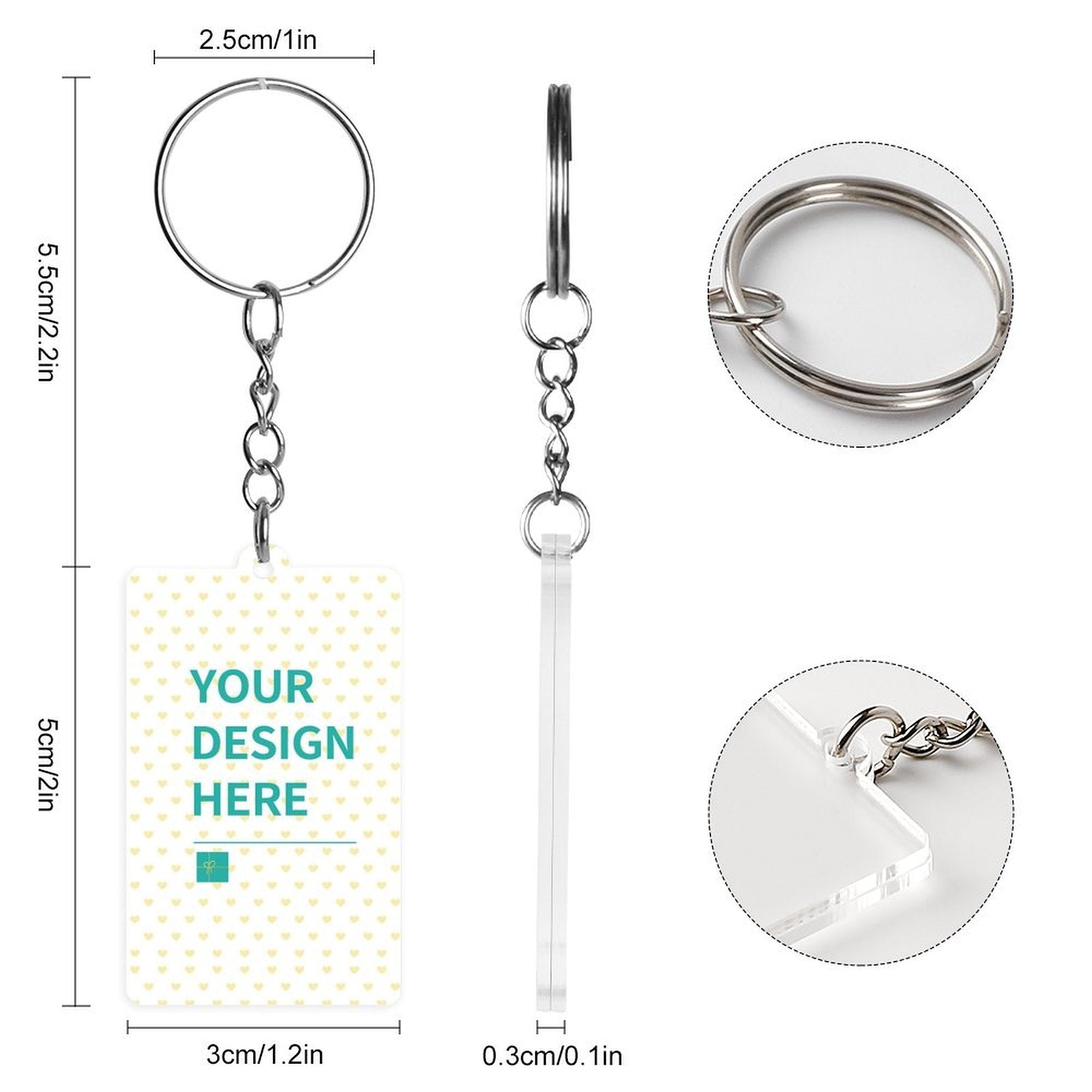 Customizable acrylic keychain with 'Your Design Here' text, double-sided, perfect for personalized gifts.