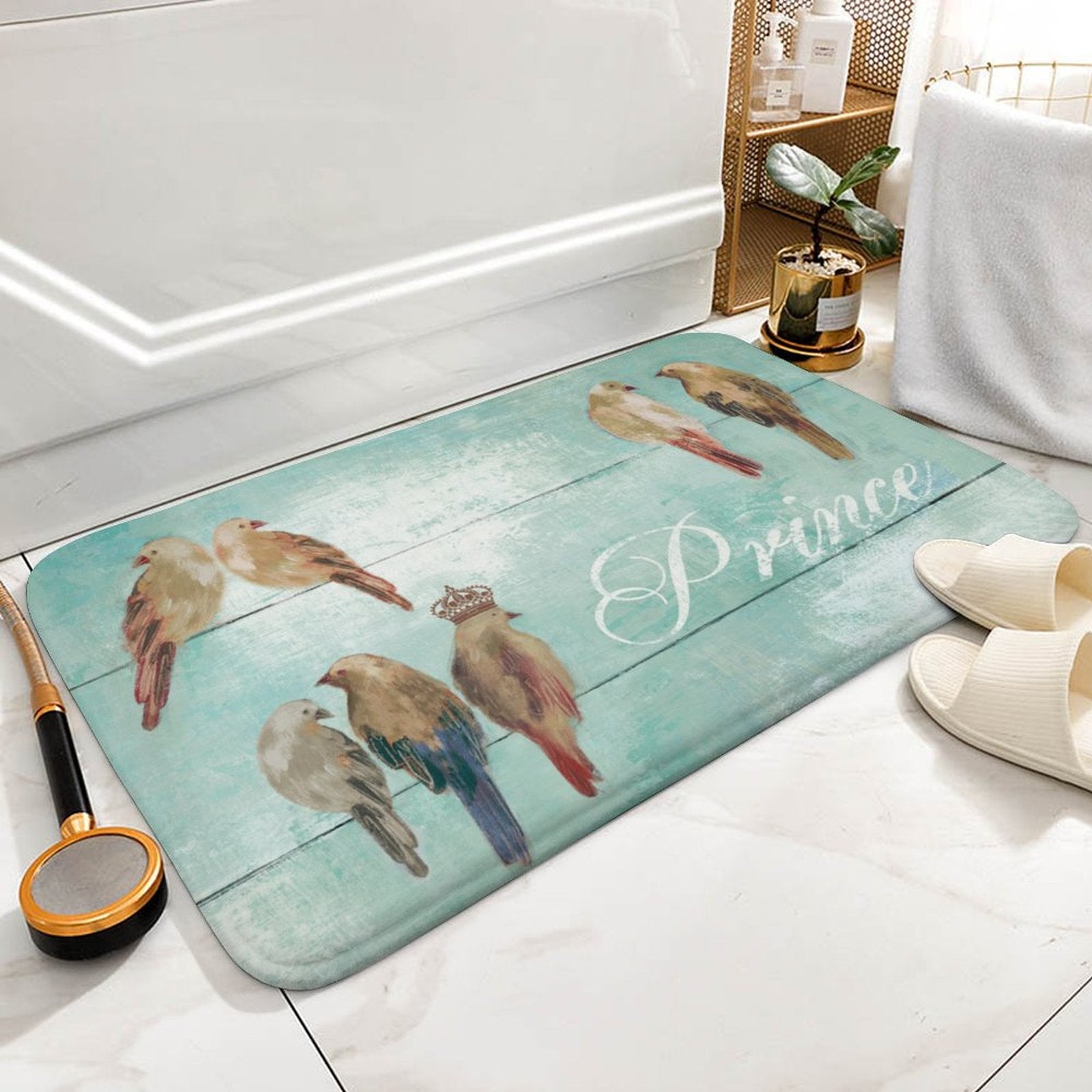 Coral velvet bathroom rug with watercolor birds and 'Prince' text, non-slip floor carpet