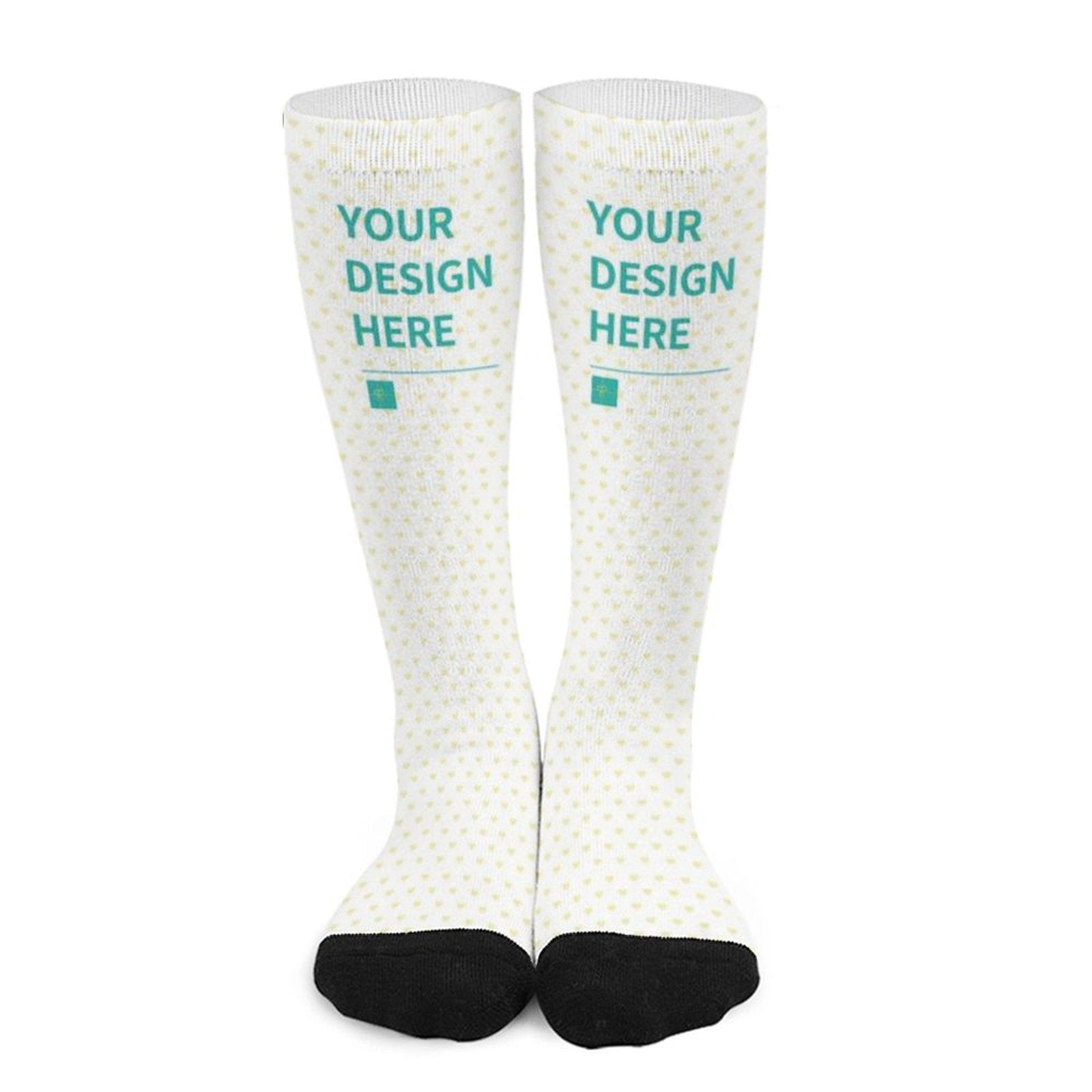 Customizable socks with 'Your Design Here' text, white heart pattern, black heel & toe. Personalized gift for women and men.
