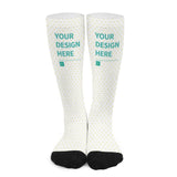 Customizable socks with 'Your Design Here' text, white heart pattern, black heel & toe. Personalized gift for women and men.