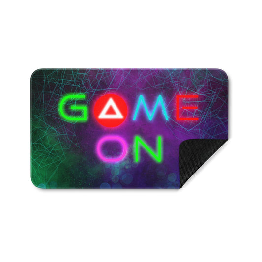 Game On doormat. Rubber floor mat with colorful neon game design, suitable for indoor and outdoor use