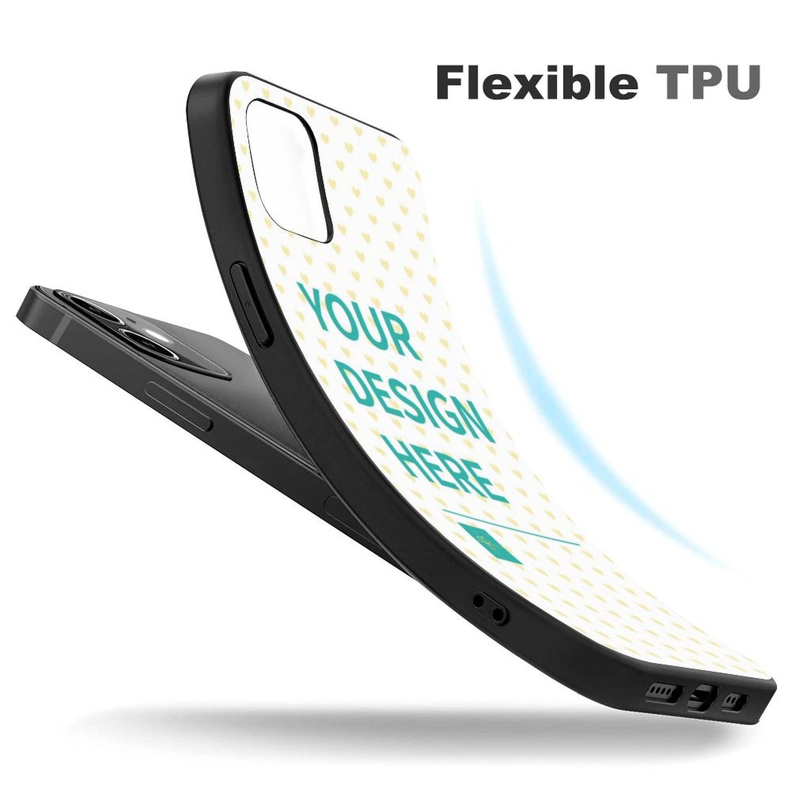 Custom iPhone 12 case with 'YOUR DESIGN HERE' design, black TPU, flexible and protective.