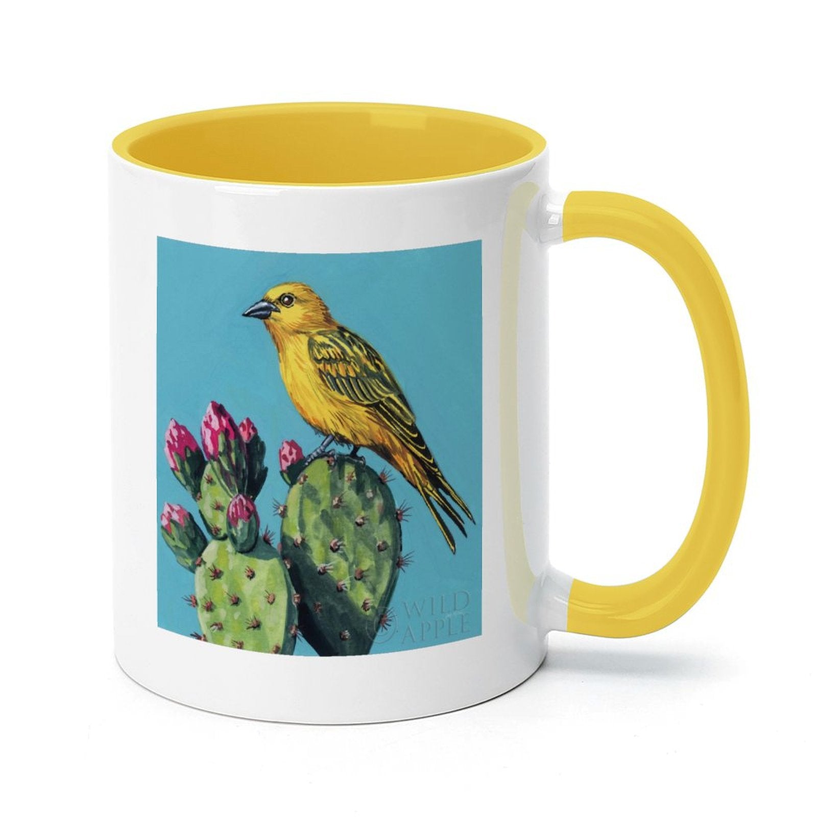 White ceramic mug with yellow bird and cactus design, yellow handle, Wild Apple art, MyArtsyGift.