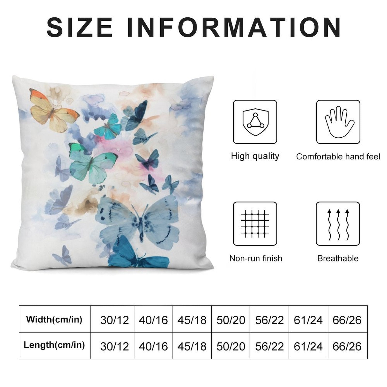 Watercolor butterfly plush pillow cover for sofa, featuring soft material, available in various sizes for living room decor.