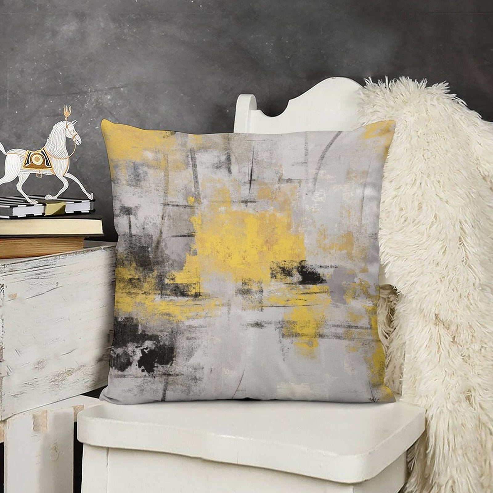 Abstract throw pillow cover in yellow, gray, and black plush, for sofa or couch, soft and fluffy