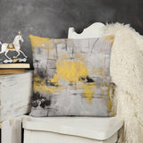 Abstract art plush pillow cover in yellow and gray, decorative cushion for sofa, couch, or living room.