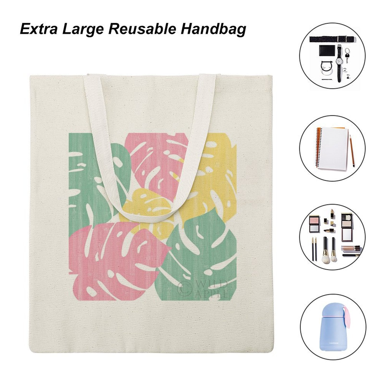 Extra large reusable tote bag with monstera leaf print. Canvas shopping bag in pink, yellow, green. From MyArtsyGift.